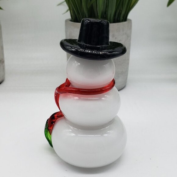 Hand Blown Snowman Red Green Scarf Black Top Hat Milk Glass Paperweight/Figure - Picture 6 of 9